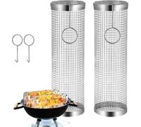 set de 2 paniers à grillades cylindriques ronds en acier inoxydable avec 1x crochet | Panier à grillades roulant pour gril à gaz, électrique et au charbon de bois | 30 x 9 cm de tube de grillage pour