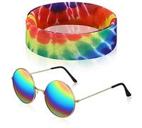Set de 2 Pcs de Costume Hippie Arc-en-Ciel Bandeau de Tournesol Tie-Dye Lunettes de Soleil Hippie Lunettes Rondes Vintages Accessoires de Déguisement des Années 60 70 Halloween Festival