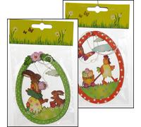 set de 2 pendentifs de Pâques, en bois, 120x90 mm, forme d'œuf, 1 parmi 2 variantes