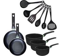 Fackelmann 9432950 Set 2 poêles 20 et 24 cm, 3 casseroles antiadhésives revêtement céramique et 6 ustensiles, poêle sans PFAS, tous feux, induction, Aluminium, RPET, Noir, Vert, 16 18 20 et 24 cm