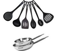 Set de 2 poêles 20 et 24 cm en inox et 6 ustensiles Fackelmann Eterna Inox|Noir