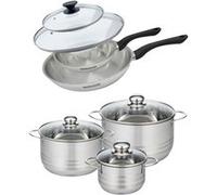 Set de 2 poêles 20 et 28 cm en inox et couvercle, 3 faitouts inox 16, 20 et 24 cm Fackelmann Geneva inox