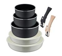 Set de 2 poêles Ø22Ø2Ø26cm en fonte d'aluminium blanc + 3 casseroles Heat Dot Ø16Ø18Ø20cm Aluminium pressé noir + 2 poignées amovibles Click&Cook Bergner