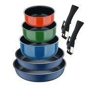 Set de 2 poêles Ø22Ø2Ø26cm fonte bleue + 3 casseroles Ø16Ø18Ø20cm Aluminium pressé en 3 couleurs + 2 poignées amovibles Click&Cook Bergner