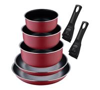 Set de 2 poêles Ø22Ø26cm avec manche amovible + 3 casseroles Ø16Ø18Ø20cm avec manche amovible - en aluminium pressé couleur rouge Click&Cook Bergner