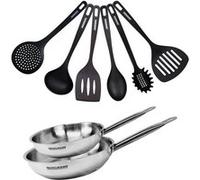 Fackelmann 9438650 Set de Poêles Tous Feux 24 et 28 cm en Acier Inox 18/8 avec 6 Ustensiles Eterna - Sans PFAS, Manche Riveté, Compatible Induction
