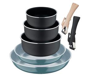 Set de 2 poêles Ø24Ø28cm avec poignée amovible couleur verte + 3 casseroles Ø16Ø18Ø20cm avec manche amovible couleur noire -Aluminium pressé Click&Cook Bergner