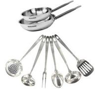 Set de 2 poêles de 20 et 24 cm en inox et 6 ustensiles inox Eterna Fackelmann