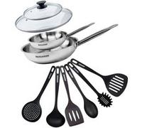 Set de 2 poêles de 20 et 28 cm en inox, 2 couvercles en verre et 6 ustensiles Fackelmann Eterna inox