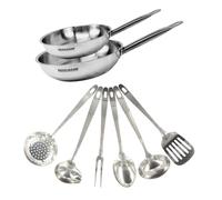 Fackelmann 9439750 Set 2 poêles de 24 et 28 cm inox 18/8 et 6 ustensiles inox, Poêle tous feux, induction, sans PFAS, Manche riveté, Inox, 24 et 28 cm