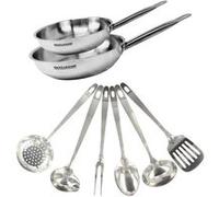 Set de 2 poêles de 24 et 28 cm en inox et 6 ustensiles inox Eterna Fackelmann