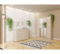 set de 2 portes coulissantes armoire armoire avec deux miroirs Sonoma/Sonoma 150cm Vista 01 avec commode 135cm FRIDA 01 et éclairage Led