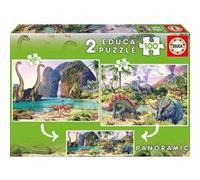 Set De 2 Puzzles Enfant 100 Pieces Au Pays Des Dinosaures : T-Rex Stegosaurus - Triceratops - Brachiosaurus - Collection Prehistoire Jurassic