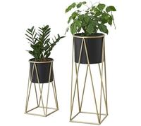 [en.casa] Set de 2 Supports de Plante Cache-Pot Pot de Fleur Bac à Fleurs Vase Métal Couleur Laiton et Noir Tailles Différentes