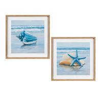 Set de 2 Tableaux sur Toile avec Coquillages et escargots de Plage en Bleu et Blanc 50 x 50 x 3,3 cm