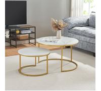 en.casa – Set de 2 tables basses Christchurch – rondes gigognes effet marbre blanc doré