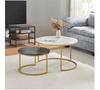 [en.casa] Set de 2 Tables Basses Rondes Gigognes de Tailles Différentes Table d'Appoint Bout de Canapé Design Intemporel Peu Encombrant Panneaux de Particules Acier Laqué Effet Marbre Blanc Noir Doré