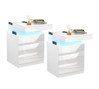 set de 2 tables de nuit avec prise électrique & USB,brillant avec 3 tiroirs, Led 16 couleurs éclairage blanc