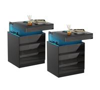 set de 2 tables de nuit avec prise électrique & USB,brillant avec 3 tiroirs, Led 16 couleurs éclairage noir