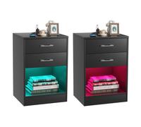 set de 2 tables de nuit LED avec prise électrique & USB, 2 tiroirs avec lumière Led 16 couleurs éclairage table d'appoint pour chambre à coucher,Noir