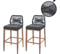 set de 2 tabourets de bar Rope HWC-O21, coussins d'assise Outdoor corde tressée métal aspect bois ~ anthracite, coussin gris foncé