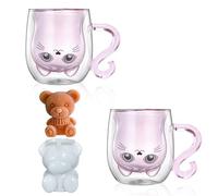 Set de 2 tasses à chat Tasse à thé 250ml en verre double paroi Tasse à café au lait avec anse Cadeaux d'anniversaire pour les femmes, les filles et les amoureux des chats (2 Pink Cat)