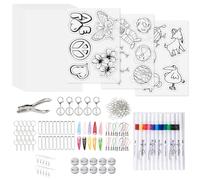 Set de 218 pièces de film rétractable, Plastique Fou Porte Clé, Comprend 15 Pièces de A5 Plastique Dingue, Perforateur, 12 Pièces de Marqueurs et 206 Pièces D'accessoires de Pendentifs de Porte-clés