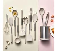 set de 22 ustensiles de cuisine en acier inoxydable et silicone avec seau de rangement rotatif, gris