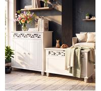 Set de 2x Meubles Blancs en Bois CASARIA - Commode et Coffre de Rangement Vintage avec Motifs Décoratifs - Salon Chambre Dressing