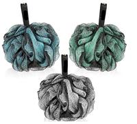 Set de 3 Accessoires Douche: Éponge + Gant Exfoliant + Brosse, extra-grande, en Luffa doux, avec 3 Filets de Rangement (Coulisse), pour une peau douce et nette, Gris