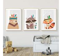 Set de 3 Affiches Poster Animaux Sauvages Enfant Renard Ours Raton Laveur Tableau Peinture sur Toile Decoration Murale Cadeaux Anniversaire NPTWC009-L