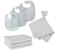Set de 3 bavoirs en coton bio + 3 langes + 1 serviette doudou lil planet gris argenté - bleu / ourson TU