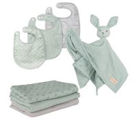 ROBA Coffret Bébé Lil Planet - 7 PCS - 3 Bavoirs + 1 Doudou + 3 Langes - Cadeau de Naissance - Vert Givré / Gris vert TU