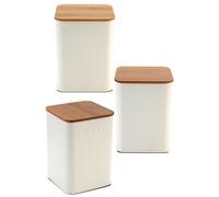 Set de 3 boîtes carrées de cuisine en métal blanc et bambou café, thé, sucre