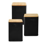 Set de 3 boîtes carrées de cuisine en métal noir et bambou café, thé, sucre