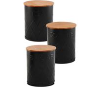 Set de 3 boîtes de cuisine en métal noir et bambou café, thé, sucre
