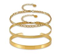 Set de 3 bracelets femme en or - Bracelets ajustables plaqués or 18K - Set de bracelets dorés en acier inoxydable 316L - Bracelet serpent, bracelet à maillons, bracelet rigide