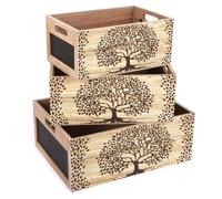 Set de 3 cagettes gigognes bois 'Arbre de Vie' beige noir - 40x31x22 cm [A3080]