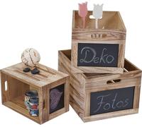 set de 3 caisses en bois HWC-E11, boîte de rangement avec tableau, look shabby ~ brun naturel