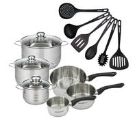 Set de 3 casseroles 12 16 20 cm en inox, 3 faitouts inox 16, 20 et 24 cm et 6 ustensiles RPET Geneva Fackelmann