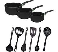 Set de 3 casseroles antiadhésives céramique 16, 18 et 20 cm et 6 ustensiles Fackelmann Brandao Noir|Vert
