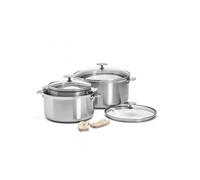 Set de 3 casseroles en inox 3 couches ALCHIMY LOQY, 2 anses amovibles en bois de hêtre LOQY et 3 couvercles en verre