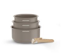 Arthur Martin - Set de 3 Casseroles en Aluminium 2,5 mm, Revêtement Céramique et Poignée Effet Bois, Compatibles Tous Feux Dont Induction, 16-18-20 cm, Marron