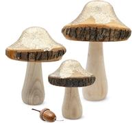 Set de 3 champignons en bois avec paillettes dorées - 18 / 15 / 11 cm - Champignon en bois avec écorce d'arbre pour la décoration d'automne - Holz Deko Pilz Goldwald Waldpilz