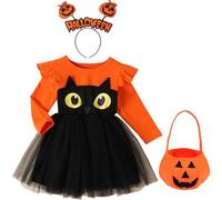 Set de 3 costumes de citrouille pour enfants,Costume d'Halloween tout-petit robe citrouille avec serre-tête & sac,2-3 ans costume de citrouille bébé fille Pumpkin Fancy Dress Outfits Cosplay Costumes