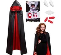 Set de 3 costumes de vampires pour femmes, 140CM/150CM Costume d'Halloween Cape Vampire avec Capuche & Dents & Faux Sang,Rouge Noir Cape Halloween Cape Satin Dracula Costume d'Halloween Adulte