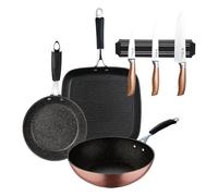 Set de 3 couteaux de cuisine en acier inoxydable + poêle grill 28 x 28 cm + wok Ø28 cm + poêle Ø20 x 4,5 cm en aluminium forgé avec revêtement Cooper Bergner
