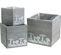 set de 3 cubes en bois avec motif de champignons, décoration de table automnale & jardinière, gris vintage 20/16/12cm