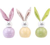 Set de 3 décorations de lapin de Pâques, Lapins en bois colorés en rose, vert & jaune, oreilles mobiles, Ø8cm H22cm