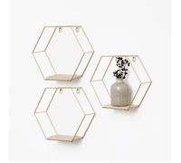Set de 3 étagères murales hexagonales en métal avec tablette en bois - Or